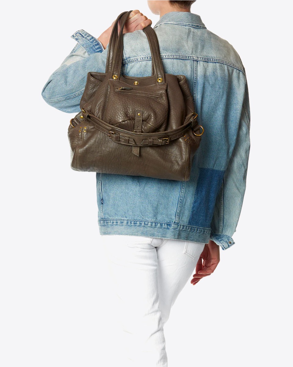 Cabas en cuir d'agneau Bubble kaki Billy M Jérôme Dreyfuss porté main.