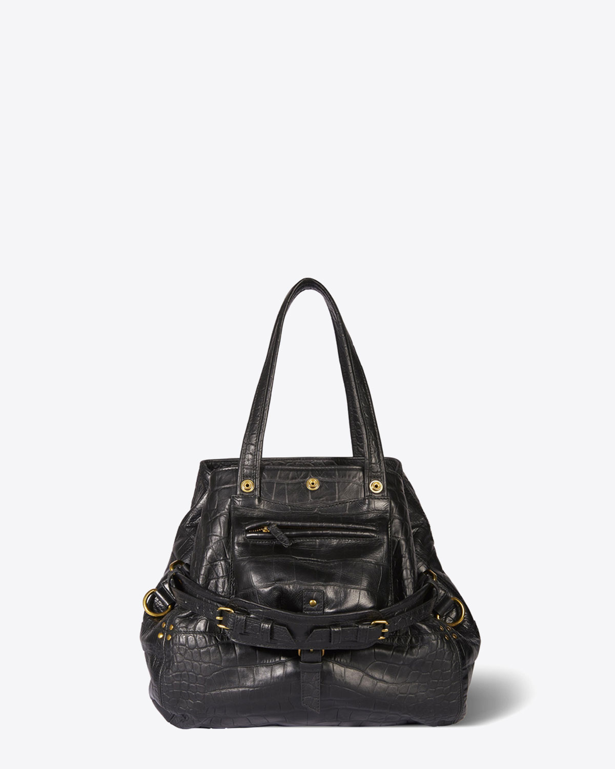 Sac Billy M Jérôme Dreyfuss en cuir vachette croco noir. Vue face. 