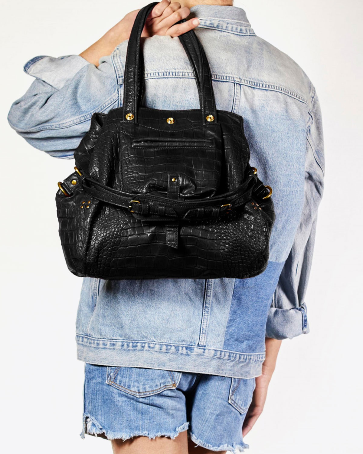 Sac Billy M Jérôme Dreyfuss en cuir vachette croco noir. Porté à la main 