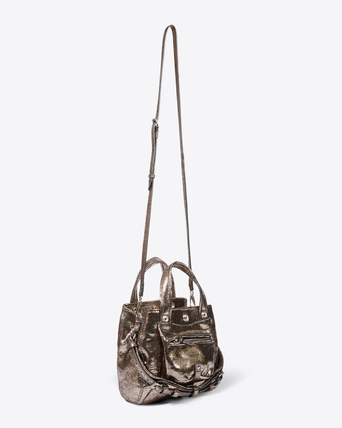 Petit sac Billy Nano Jérôme Dreyfuss en cuir lamé champagne. Vue profil avec bandoulière. 