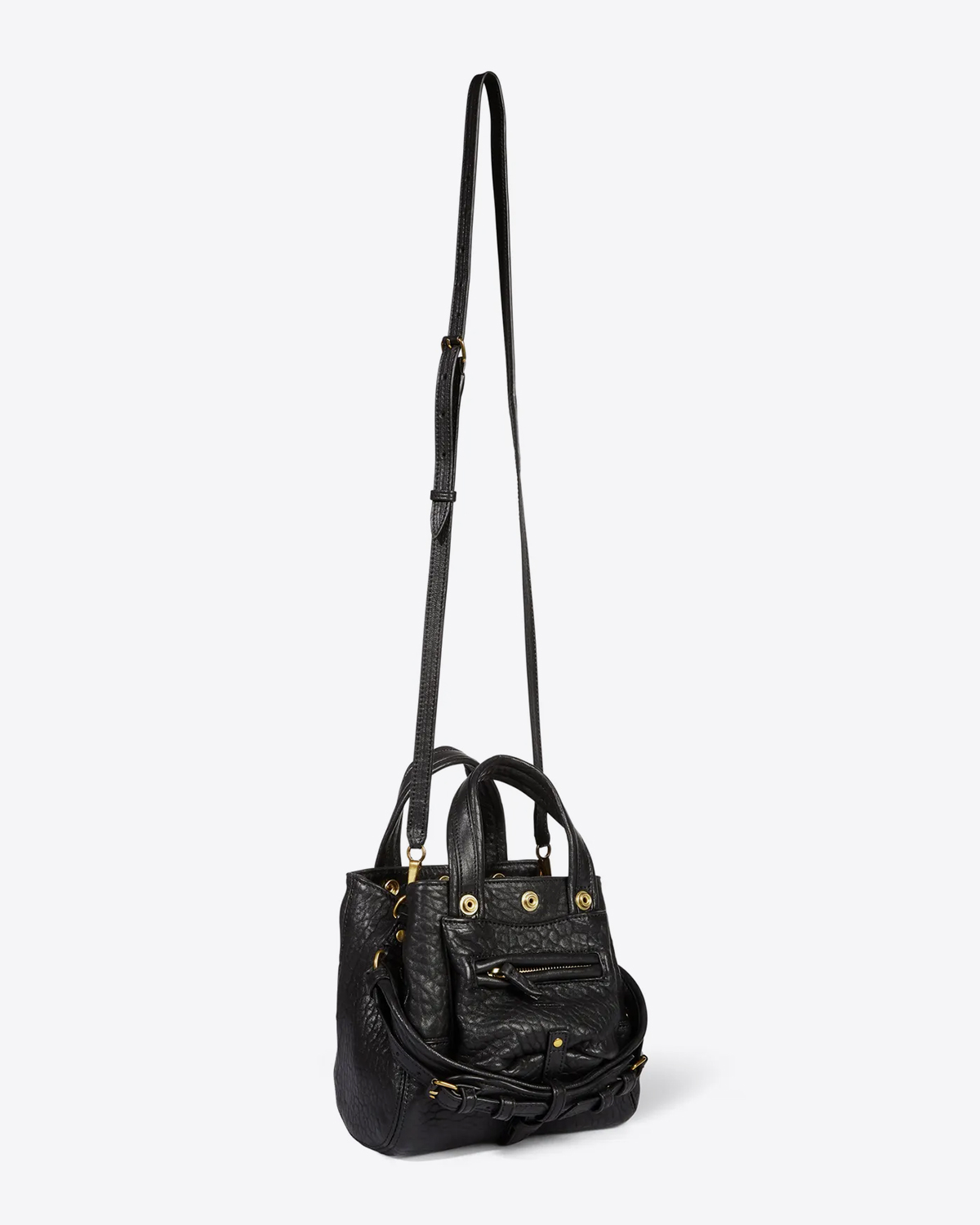 Petit sac Billy Nano Jérôme Dreyfuss en cuir noir bubble. Vue profil avec bandoulière.
