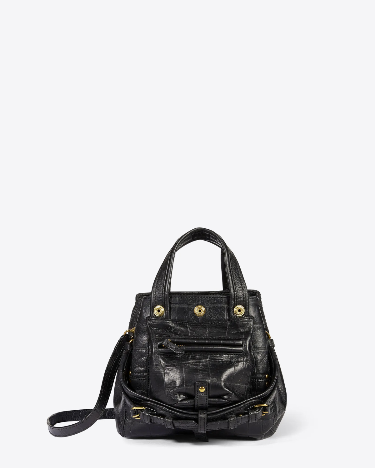 Petit sac Billy Nano Jérôme Dreyfuss en cuir croco noir. Vue face. 
