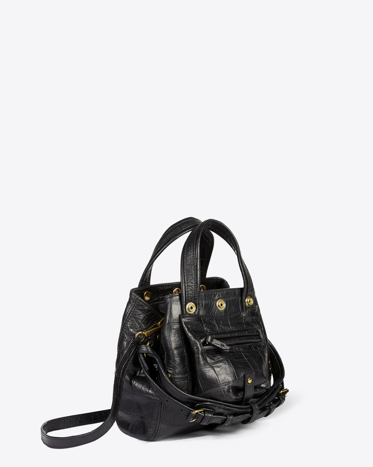 Produit Petit sac Billy Nano Jérôme Dreyfuss en cuir croco noir. Vue profil.
