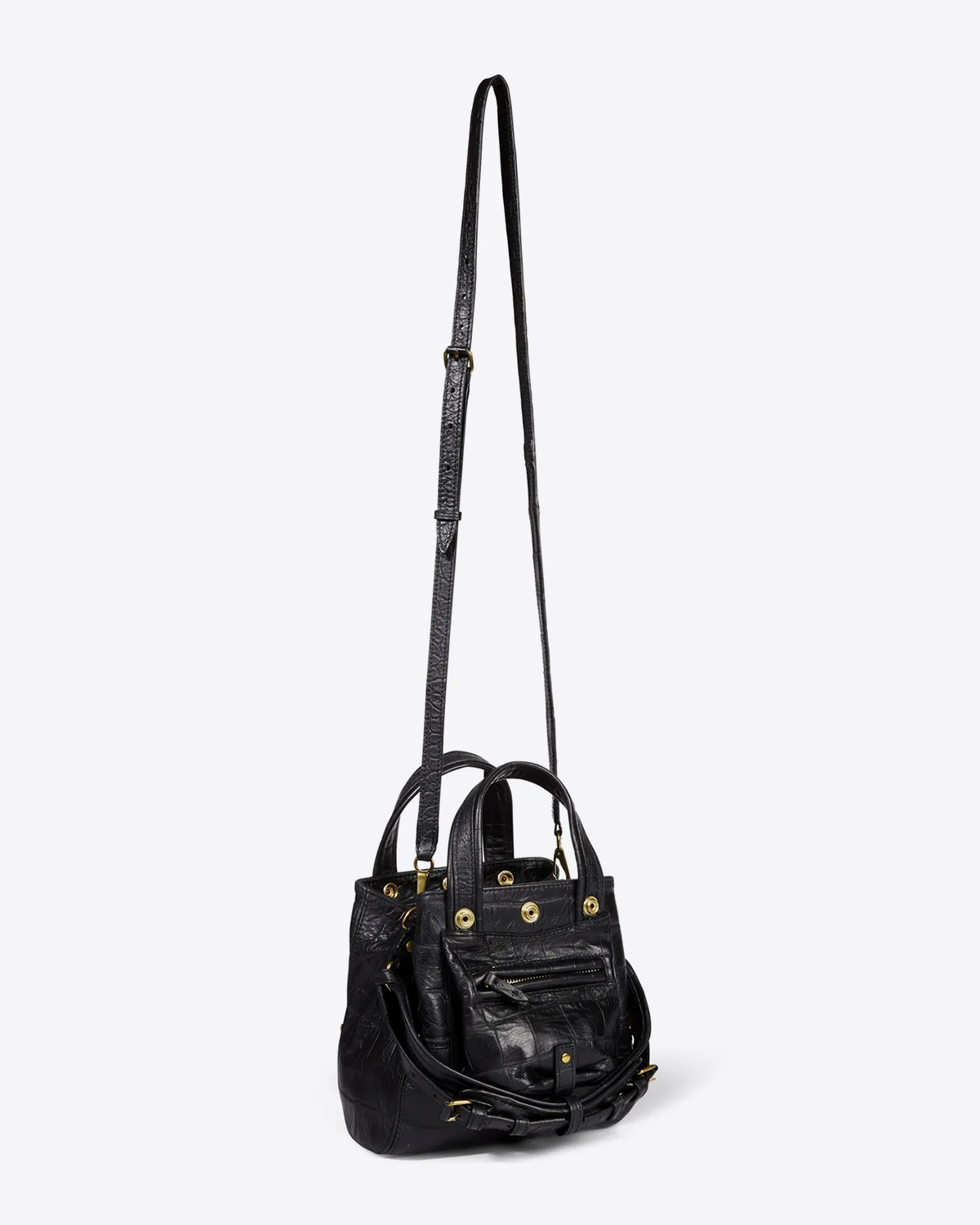 Petit sac Billy Nano Jérôme Dreyfuss en cuir croco noir. Vue profil avec bandoulière. 