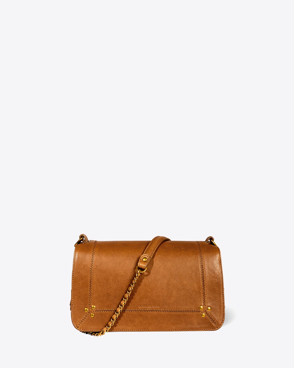 Sac Bobi Jérôme Dreyfuss en cuir d'agneau camel. Détail de la bandoulière tressée chaîne et cuir. 