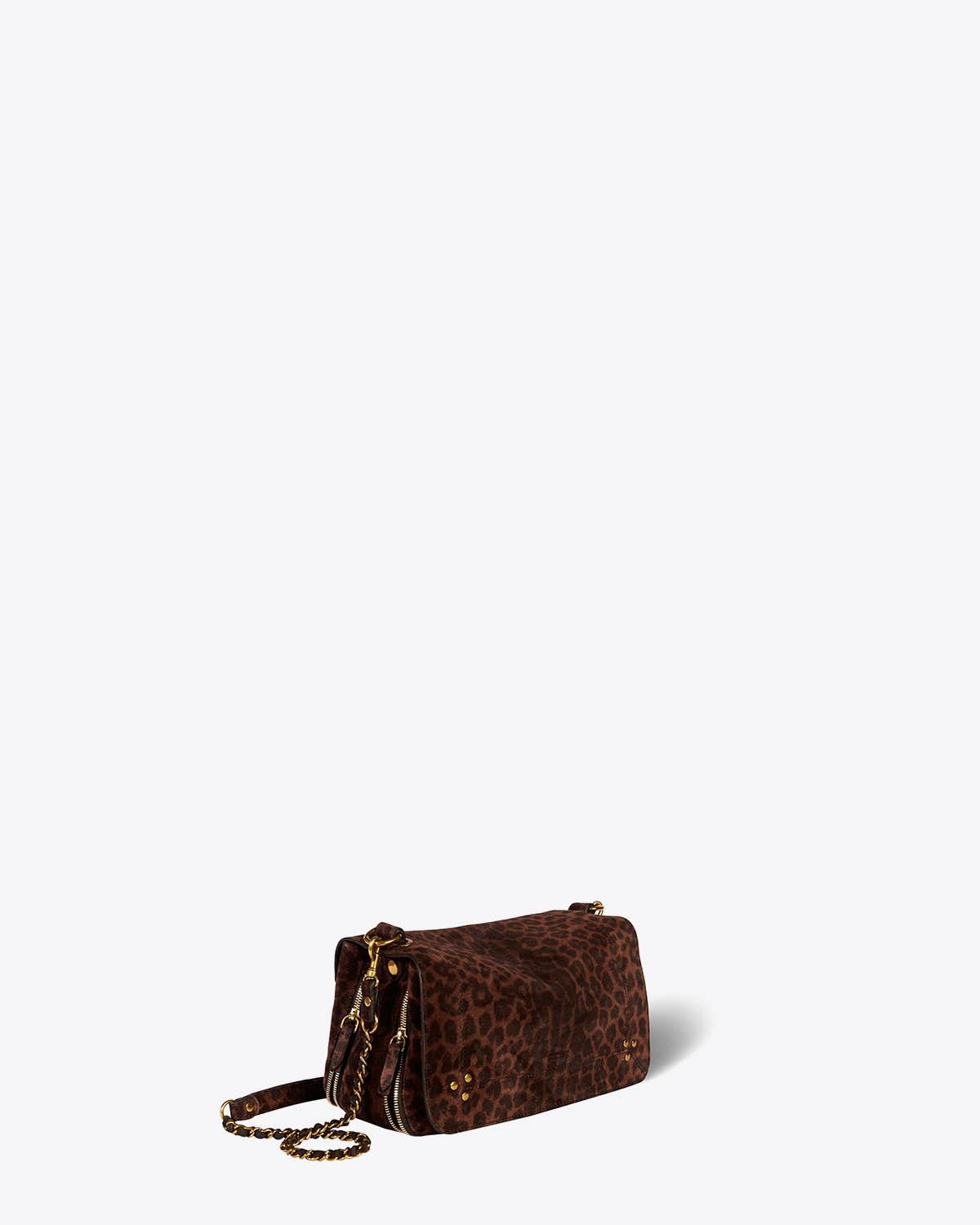 Sac bandoulière chaine en cuir imprimé léopard naturel Bobi Jérôme Dreyfuss. Vue profil.