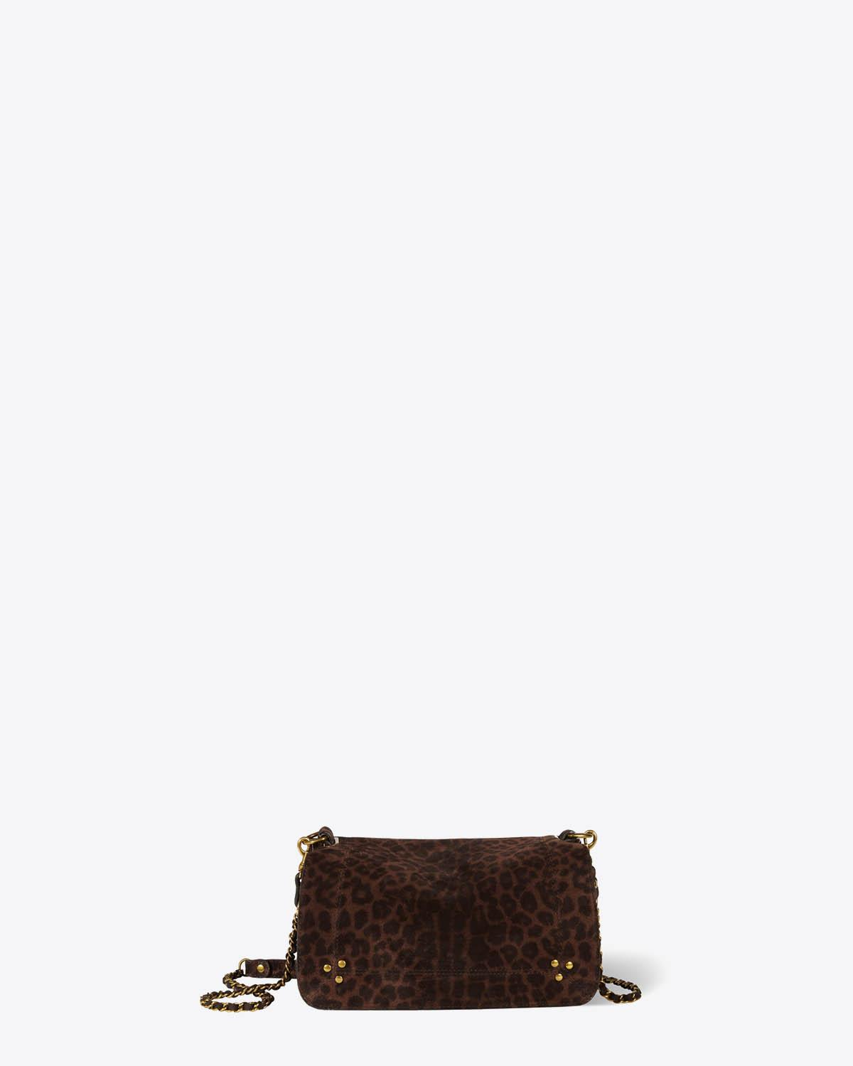 Sac bandoulière chaine en cuir imprimé léopard naturel Bobi Jérôme Dreyfuss. Vue face.