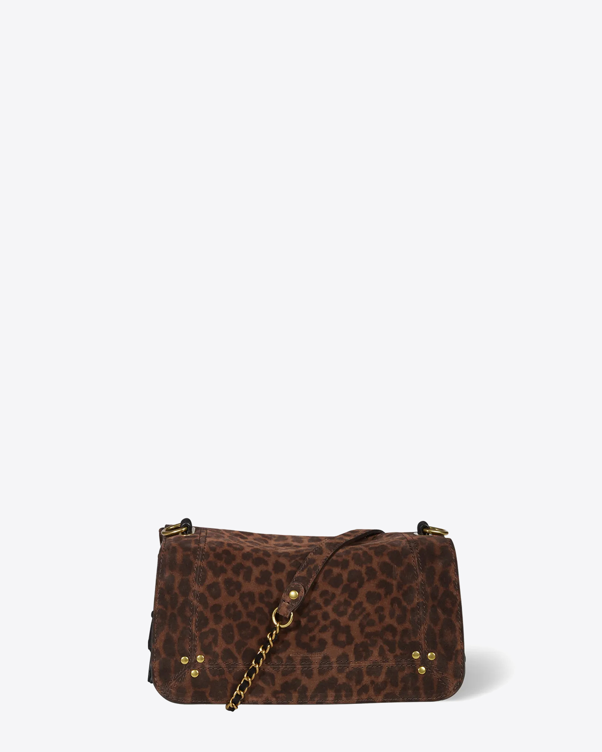 Sac bandoulière chaine en cuir imprimé léopard naturel Bobi Jérôme Dreyfuss. Vue face.