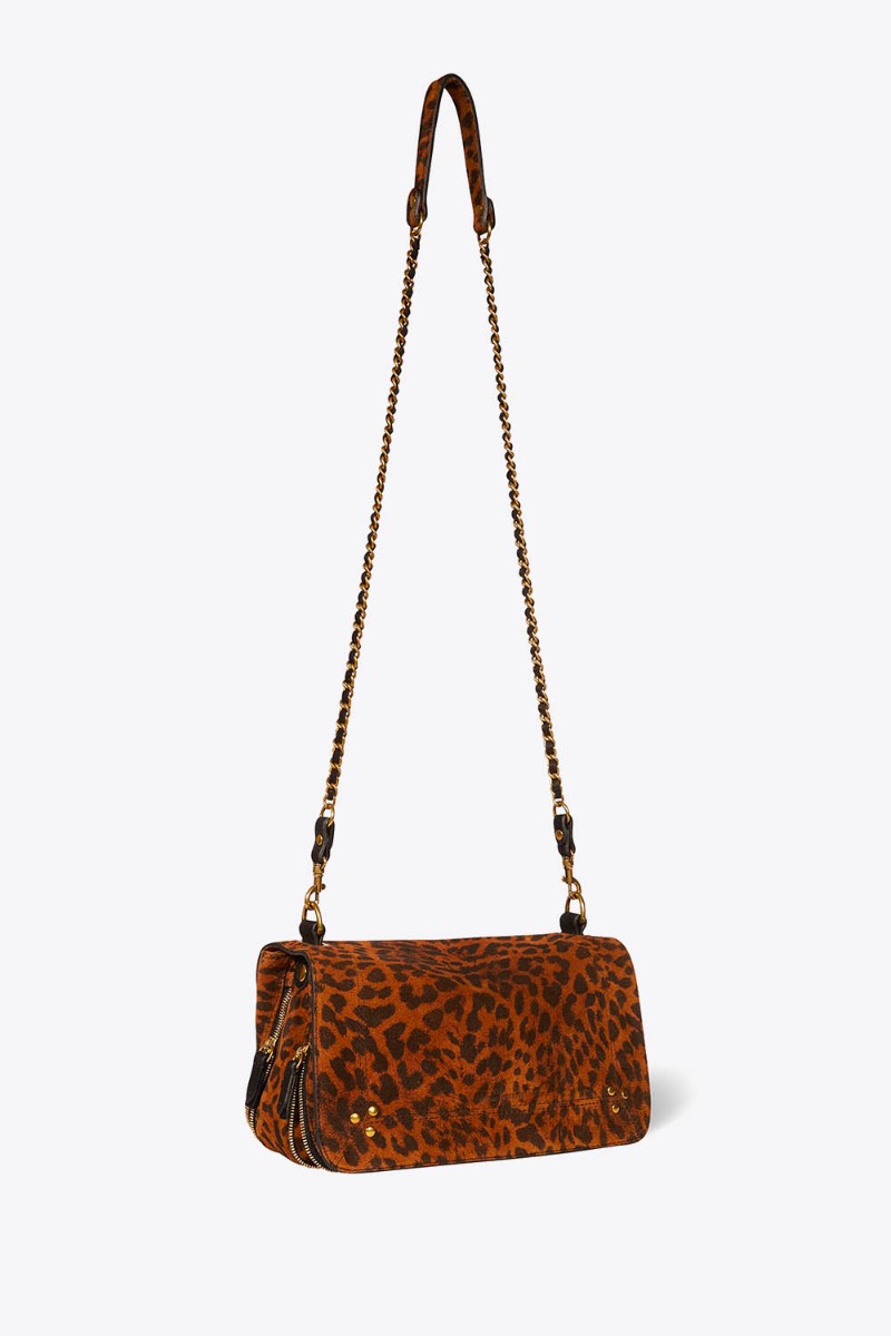 Sac Bobi J&eacute;r&ocirc;me Dreyfuss en cuir su&eacute;d&eacute; imprim&eacute; chat sauvage. Vue de face avec sa bandouli&egrave;re longue en chaine tress&eacute;e de cuir. Port&eacute; &eacute;paule, crois&eacute;e ou main.
