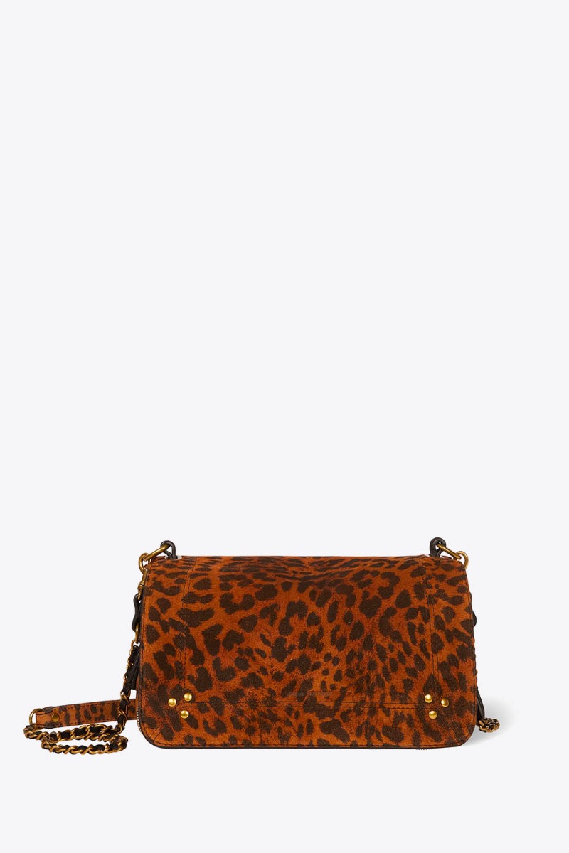 Sac Bobi J&eacute;r&ocirc;me Dreyfuss en cuir su&eacute;d&eacute; imprim&eacute; chat sauvage. Vue de face.