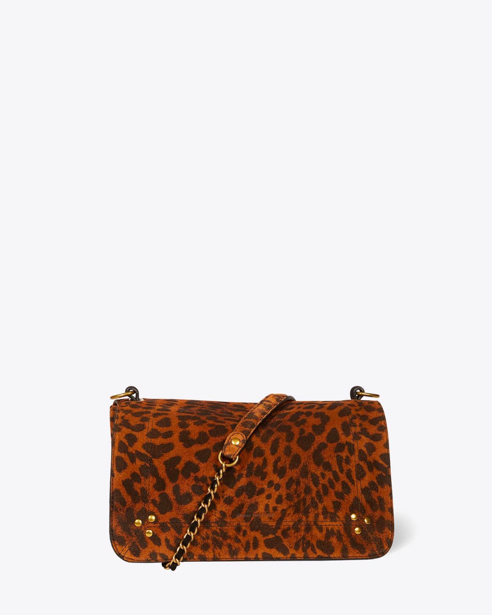 Sac Bobi J&eacute;r&ocirc;me Dreyfuss en cuir su&eacute;d&eacute; imprim&eacute; chat sauvage. D&eacute;tail de la chaine tress&eacute;e de cuir.