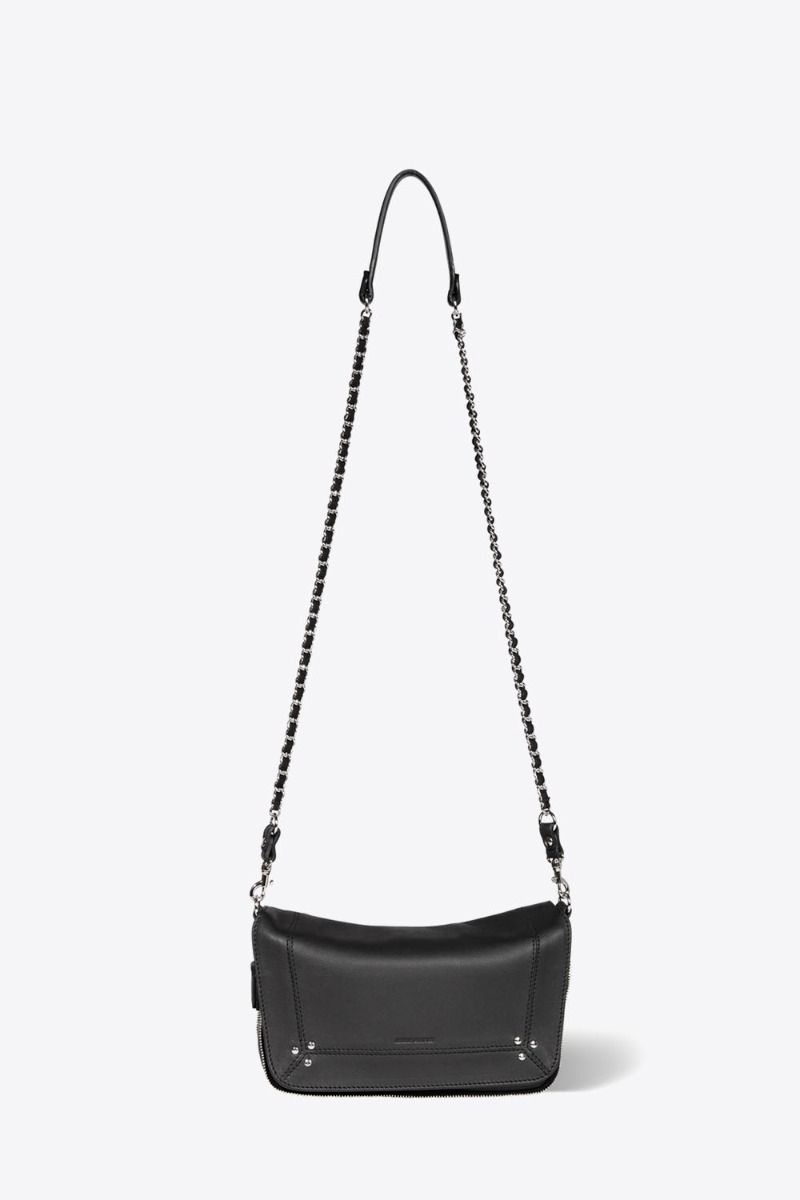 Mini-sac en cuir noir finition argent bandouli&egrave;re chaine Bobi S J&eacute;r&ocirc;me Dreyfuss. Vue de face.