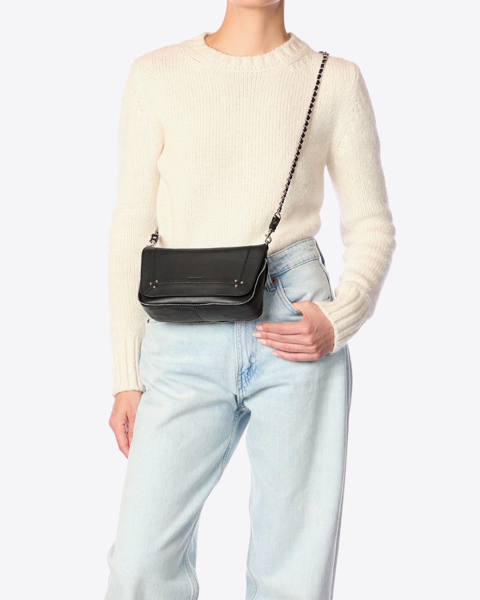 Mini-sac bobi S en cuir d'agneau noir finition silver J&eacute;r&ocirc;me Dreyfuss, port&eacute; crois&eacute;.