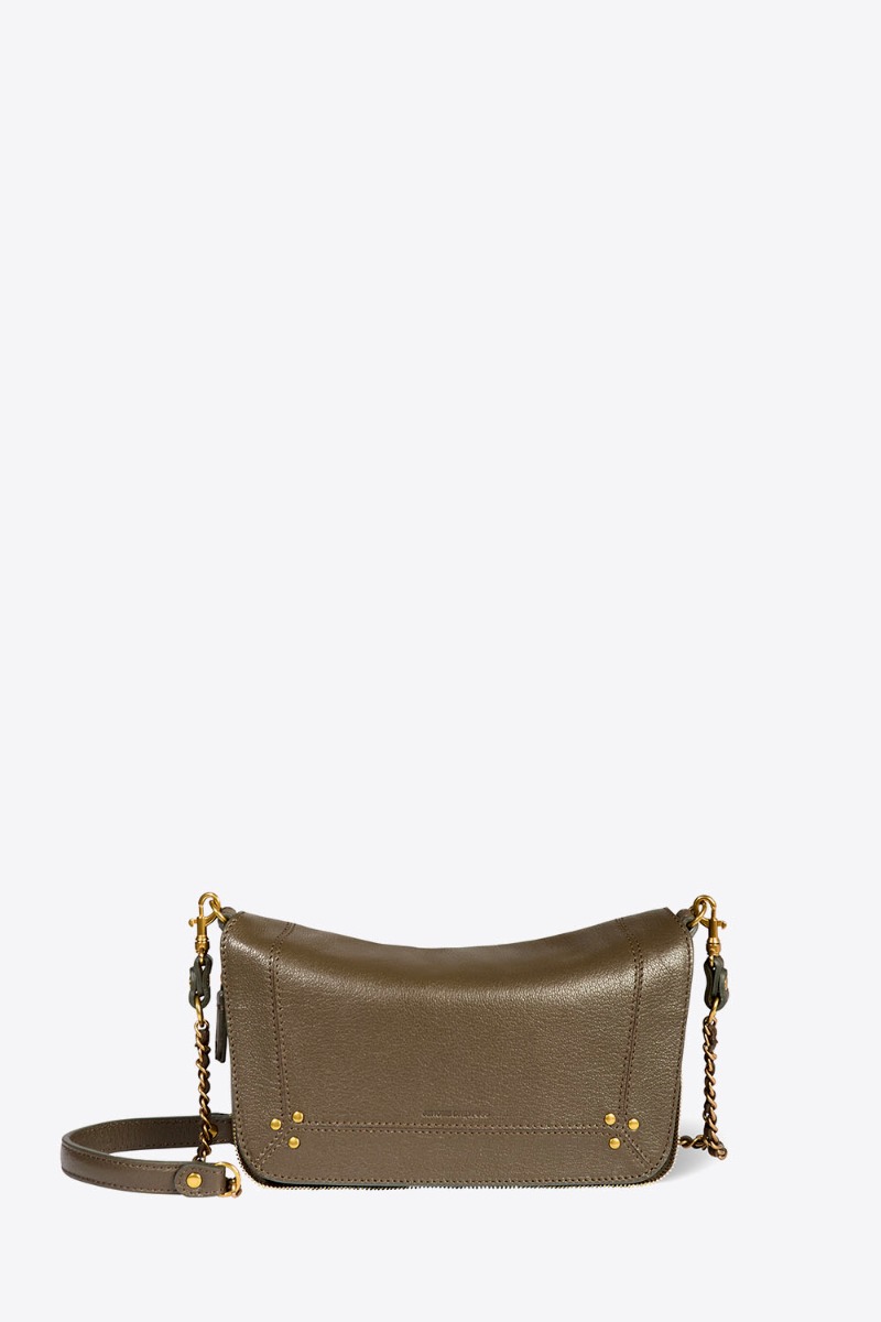 Sac Bobi S Jérôme Dreyfuss en cuir de chèvre kaki. Vue de face.