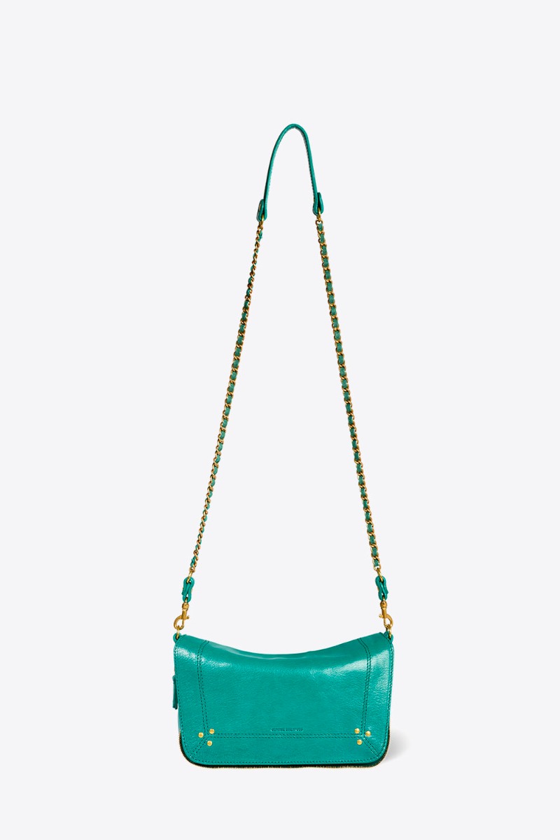 Sac Bobi S Jérôme Dreyfuss en cuir de chèvre turquoise. Vue de face, bandoulière longue. 