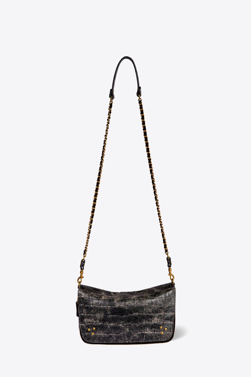 Sac Bobi S Jérôme Dreyfuss en cuir de mouton imprimé croco Grunge noir. Vue de face, avec sa chaîne longue.