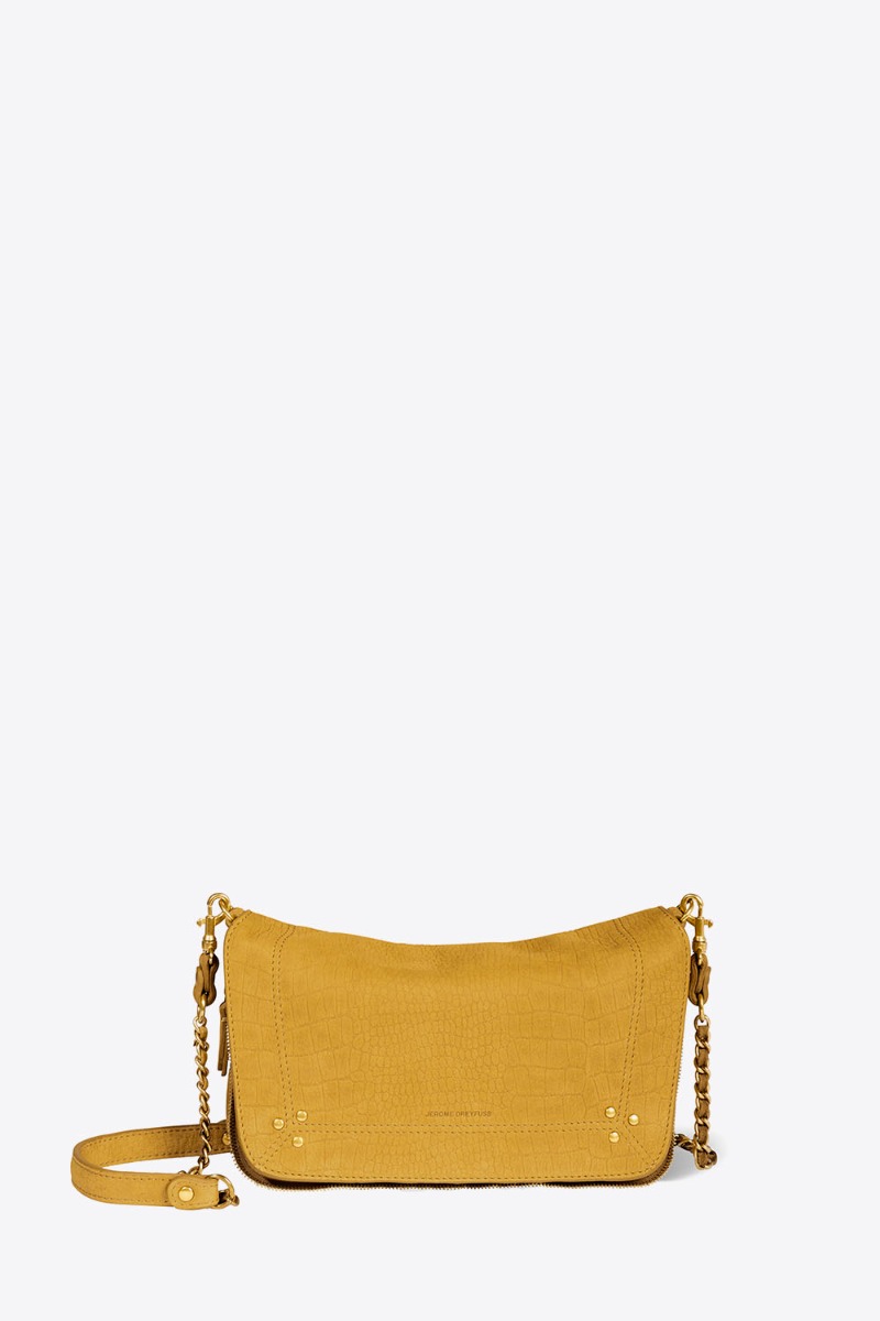 Sac Bobi S Jérôme Dreyfuss en cuir de taurillon imprimé croco moutarde. Vue de face.
