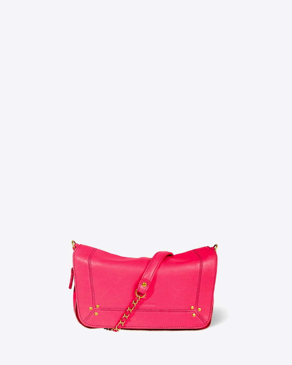 Sac Bobi S Jérôme Dreyfuss en cuir d'agneau Jacinthe. Détail de la chaîne tressée de cuir. 