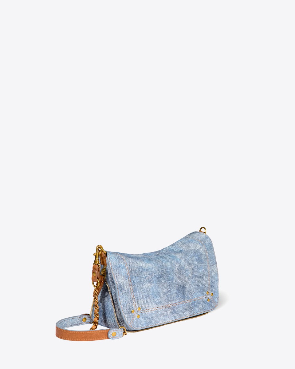 Sac Bobi S Jérôme Dreyfuss en cuir suédé effet jean délavé. Vue de profil.