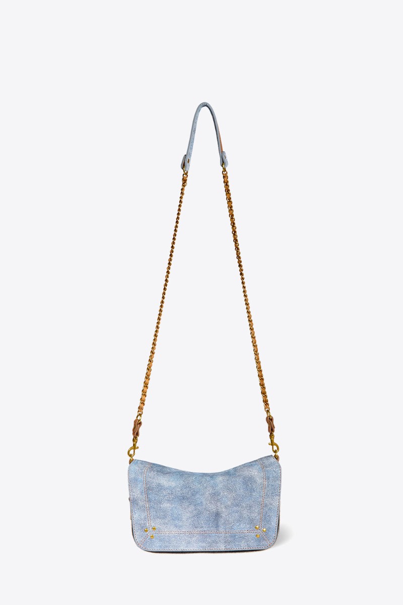 Sac Bobi S Jérôme Dreyfuss en cuir suédé effet jean délavé. Vue de face avec la bandoulière longue.  