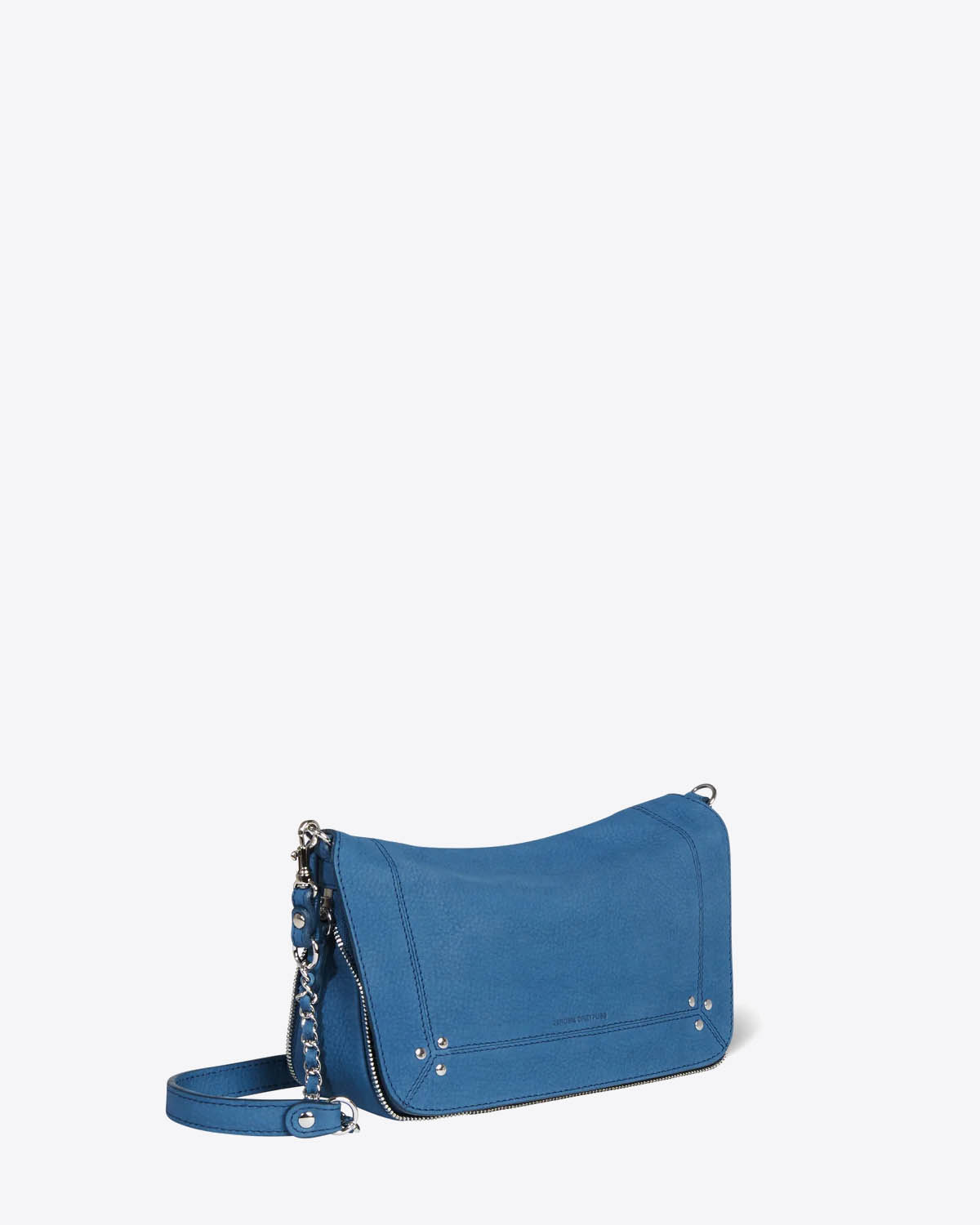 Petit sac Bobi S Jérôme Dreyfuss en cuir suédé bleu. Vue profil.