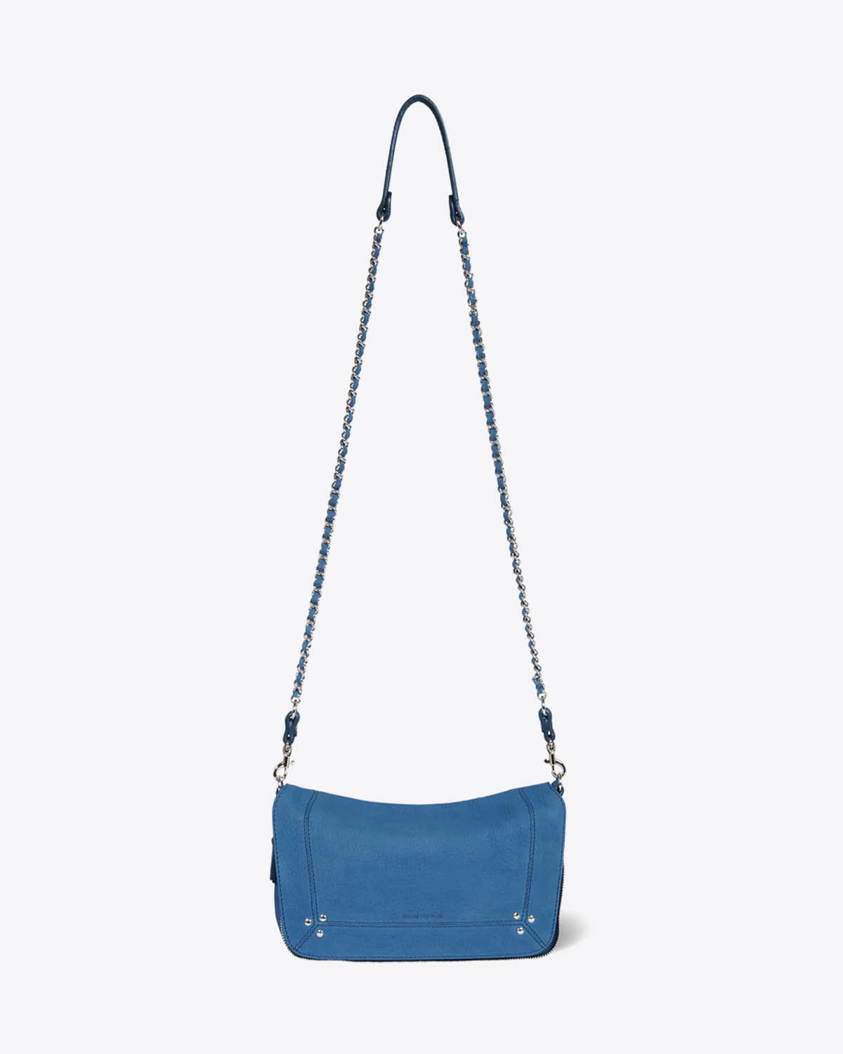 Produit Petit sac Bobi S Jérôme Dreyfuss en cuir suédé bleu. Vue face. 
