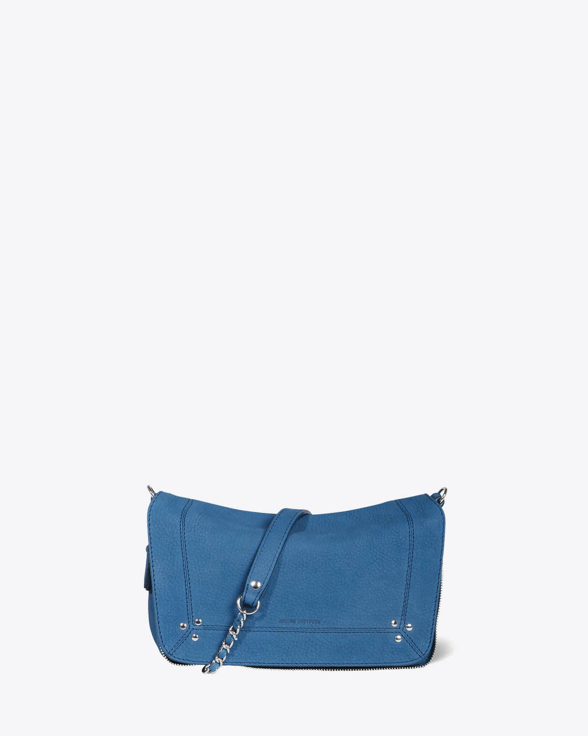 Petit sac Bobi S Jérôme Dreyfuss en cuir suédé bleu. Vue face. 