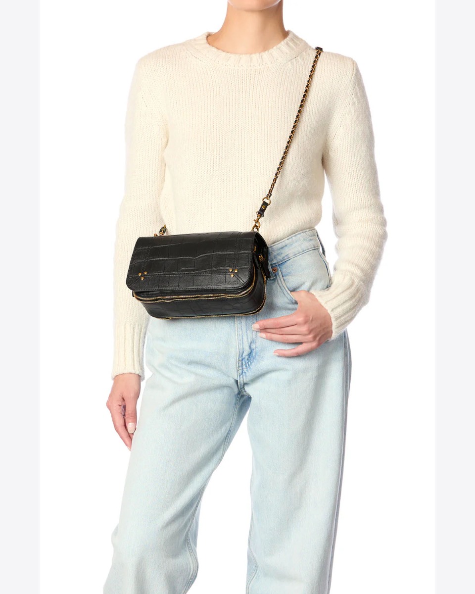 Sac Lulu M Jérôme Dreyfuss en cuir  de vachette effet croco noir porté croisé.