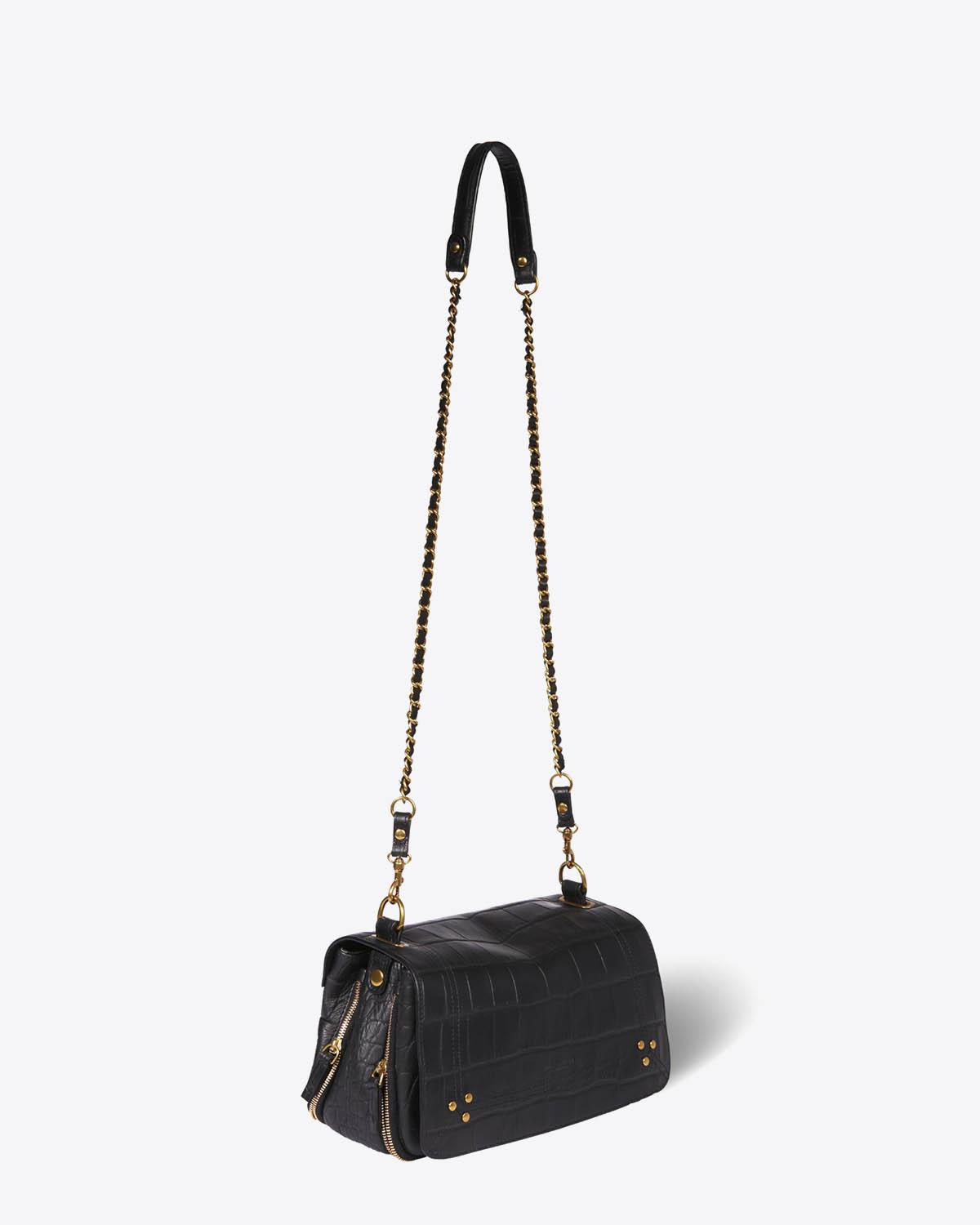 Sac bandoulière chaine Bobi vachette croco noir Jérôme Dreyfuss. Profil.