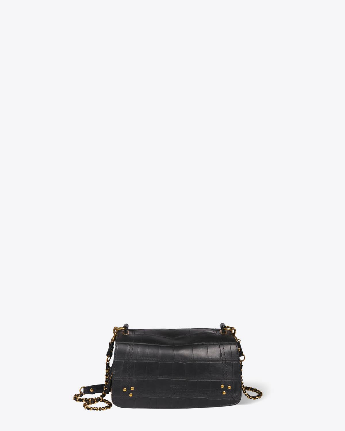 Sac bandoulière chaine Bobi vachette croco noir Jérôme Dreyfuss. Face. 