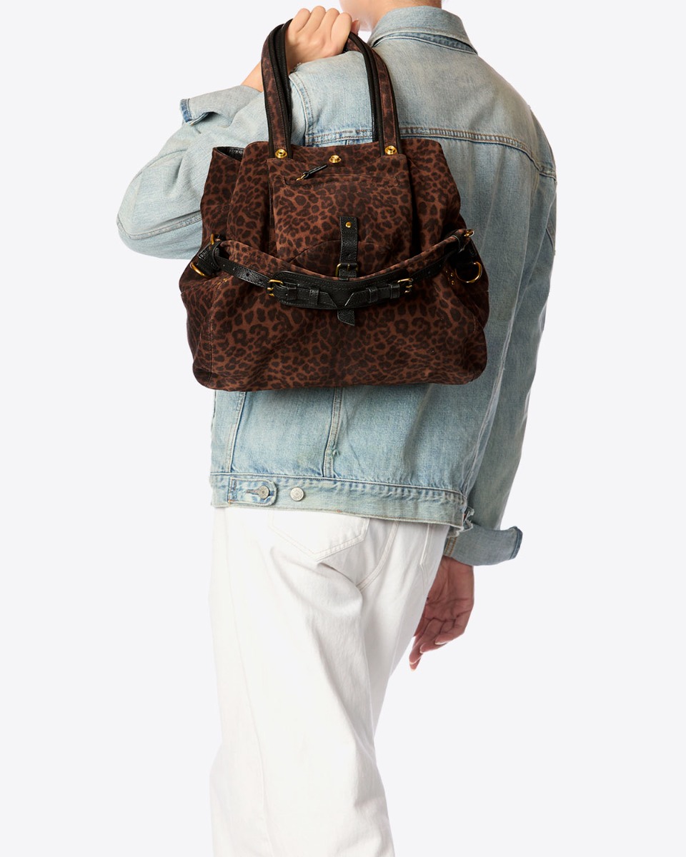 Sac cabas Billy M Jérôme Dreyfuss en cuir imprimé léopard naturel porté main.