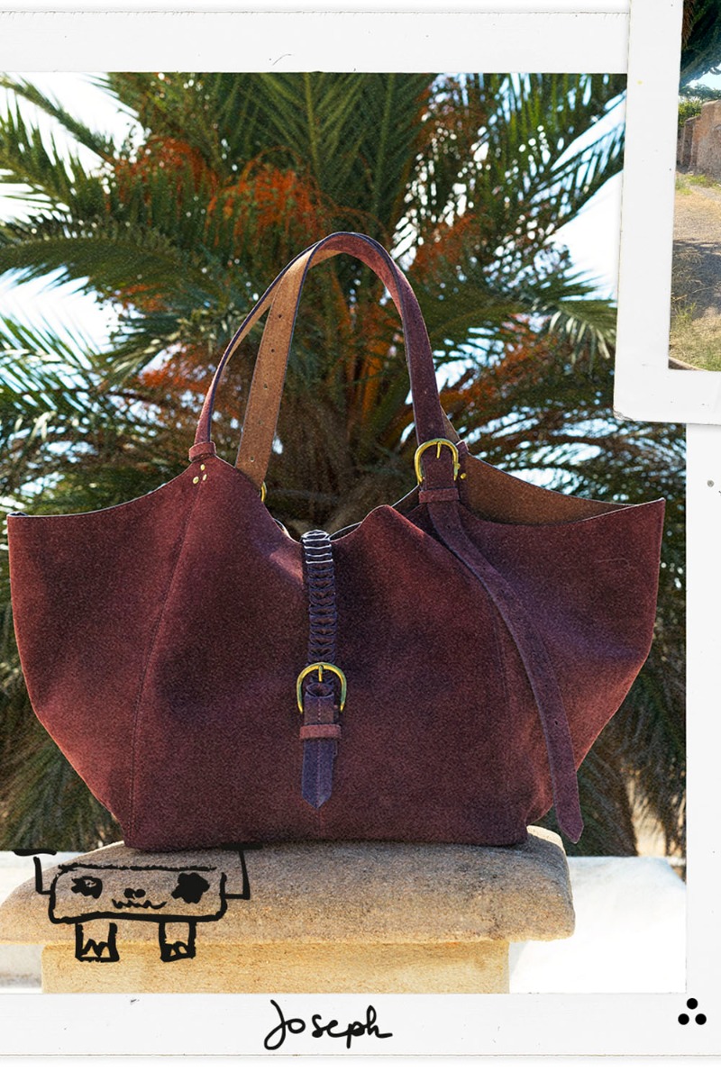 Sac cabas Joseph M Jérôme Dreyfuss en cuir suédé brûlé. Vue de face photographié par Germain Chauveau.