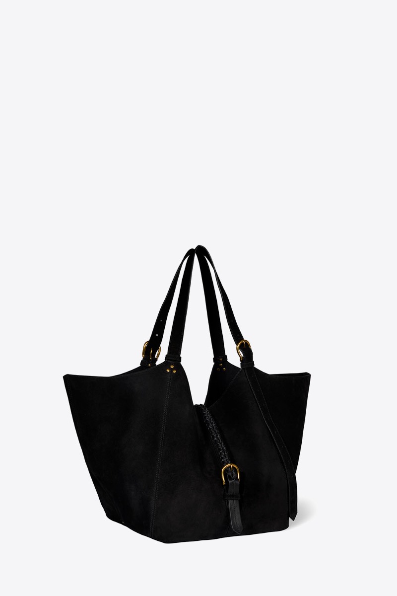 Sac cabas Joseph M Jérôme Dreyfuss en cuir suédé noir. Vue de profil.