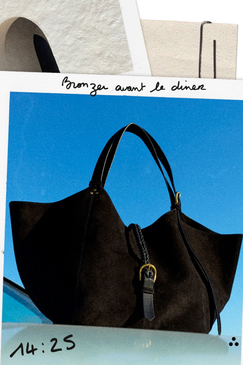 Sac cabas Joseph M Jérôme Dreyfuss en cuir suédé noir. Vue de face photographié par Germain Chauveau à Ibiza.
