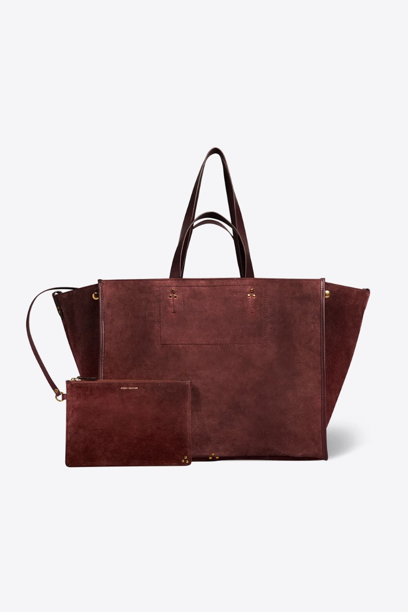 Cabas L&eacute;on L J&eacute;r&ocirc;me Dreyfuss en cuir su&eacute;d&eacute; br&ucirc;l&eacute;. Vue de face avec sa pochette int&eacute;rieure.