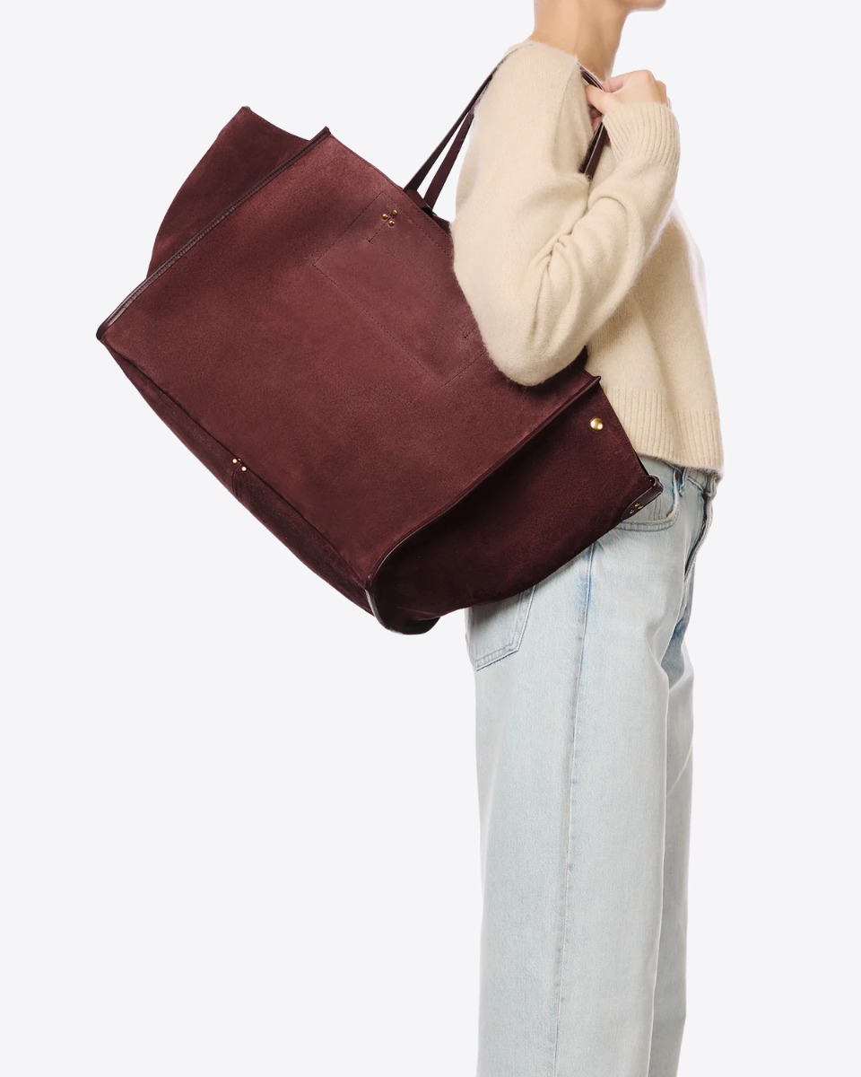 Cabas L&eacute;on L J&eacute;r&ocirc;me Dreyfuss en cuir su&eacute;d&eacute; br&ucirc;l&eacute;, port&eacute; &agrave; l'&eacute;paule.