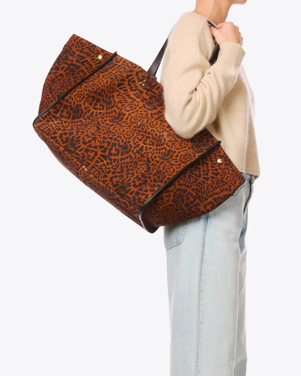 Sac cabas L&eacute;on L J&eacute;r&ocirc;me Dreyfuss en cuir su&eacute;d&eacute; imprim&eacute; "Chat Sauvage", port&eacute; &agrave; l'&eacute;paule avec la anse longue.