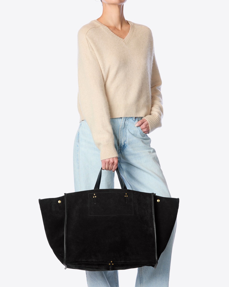 Cabas large en cuir suédé noir Léon L Jérôme Dreyfuss porté main.