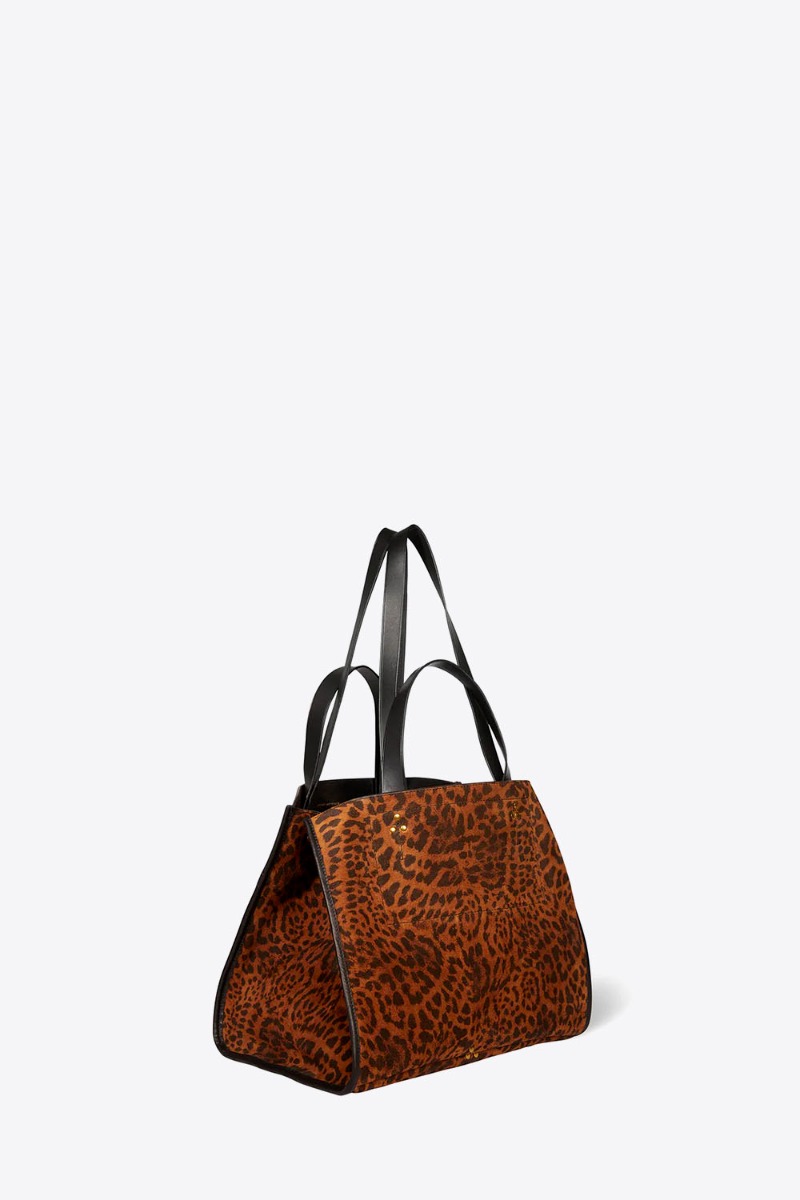 Sac cabas Léon M Jérôme Dreyfuss en cuir suédé imprimé à motif de chat sauvage. Vue de profil avec les anses courtes et longues.
