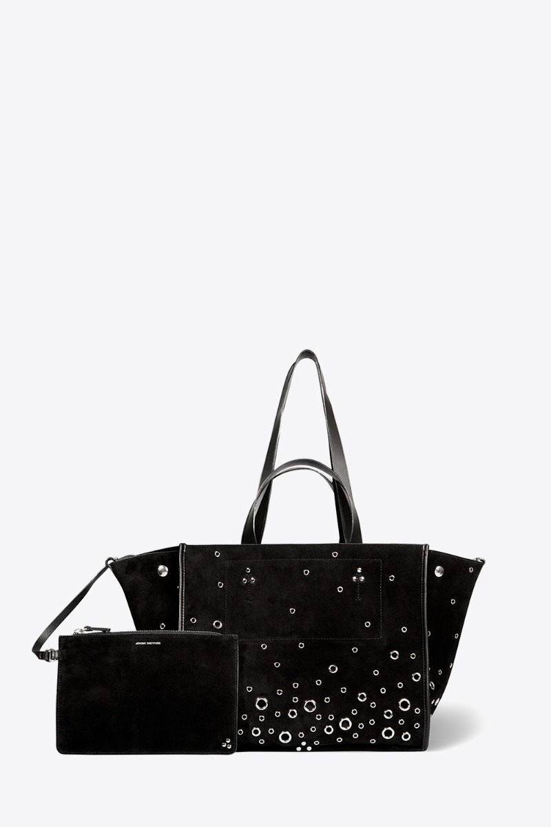 Sac cabas L&eacute;on M J&eacute;r&ocirc;me Dreyfuss en cuir su&eacute;d&eacute; noir et &oelig;illets en m&eacute;tal argent&eacute; Tandem. Vue de face avec sa pochette noire. 