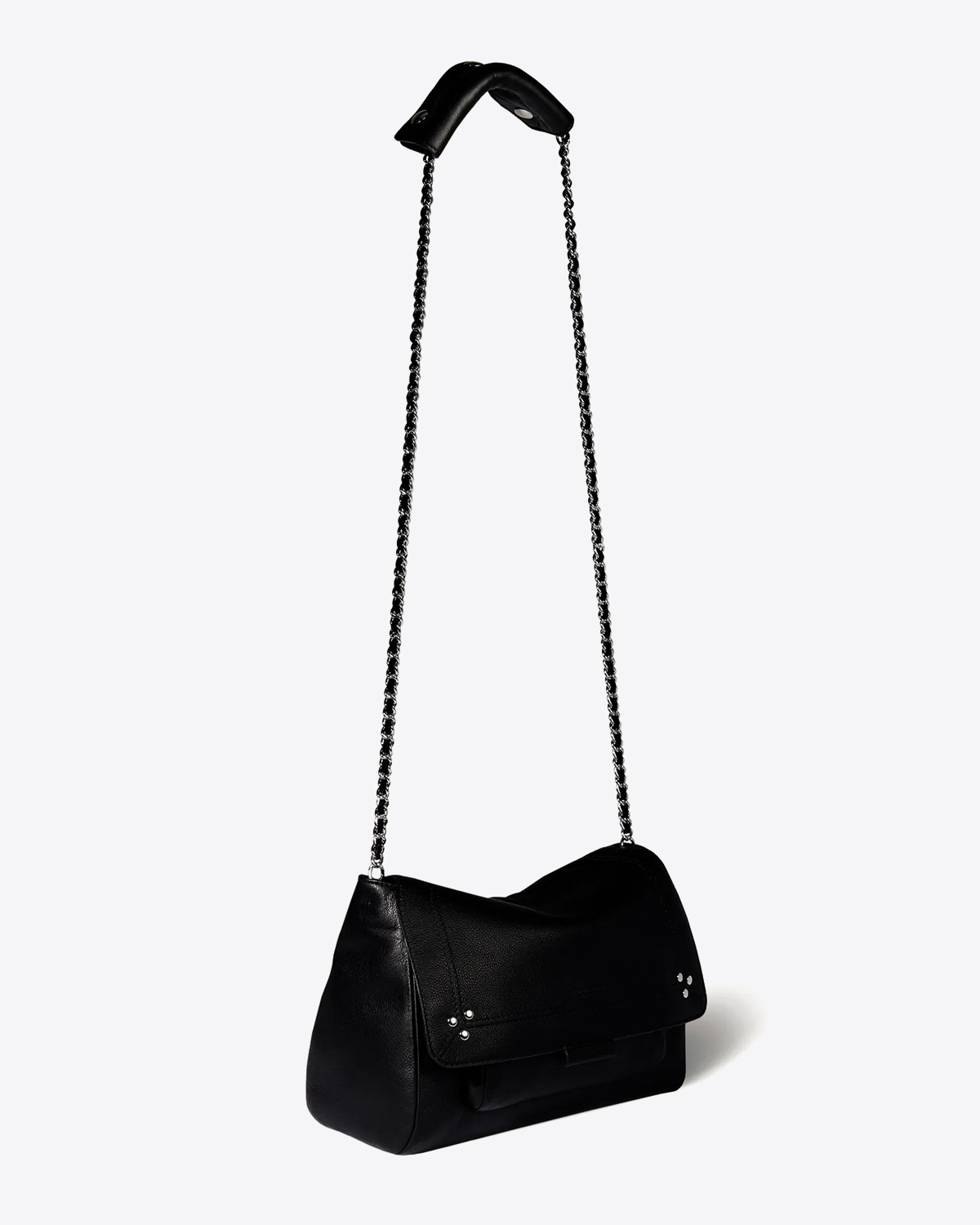 Sac moyen format Lulu M Jérôme Dreyfuss en cuir noir finition silver. Profil. 