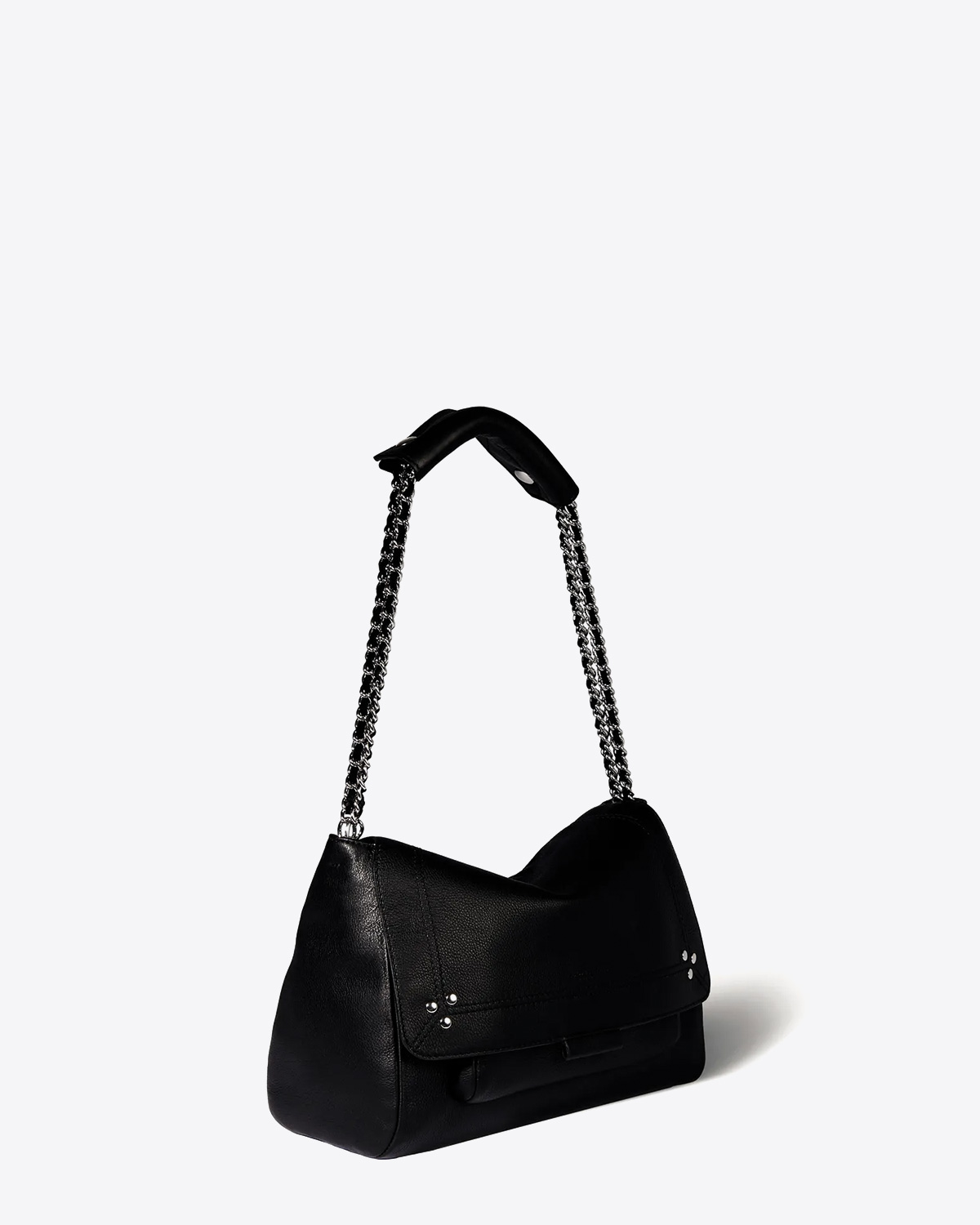 Sac moyen format Lulu M Jérôme Dreyfuss en cuir noir finition silver. Profil. 