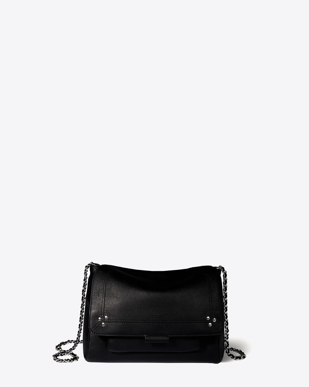 Sac moyen format Lulu M Jérôme Dreyfuss en cuir noir finition silver. Face. 