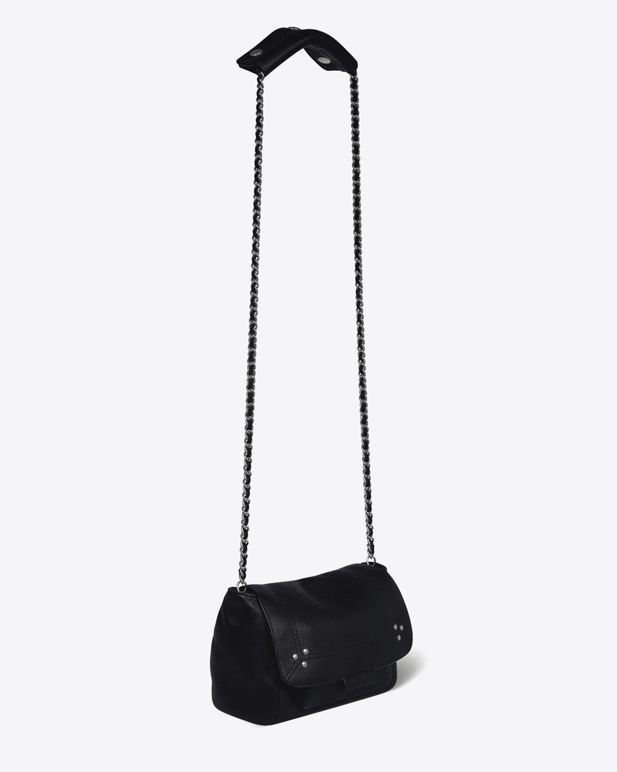 Sac bandoulière chaine cuir de veau noir silver Jérôme Dreyfuss. Vue profil. 