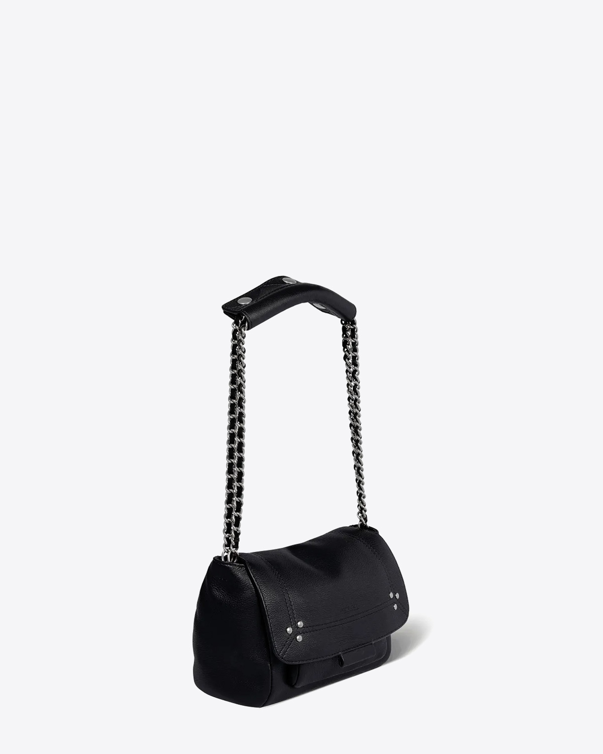 Produit Sac bandoulière chaine cuir de veau noir silver Jérôme Dreyfuss. Vue profil. 