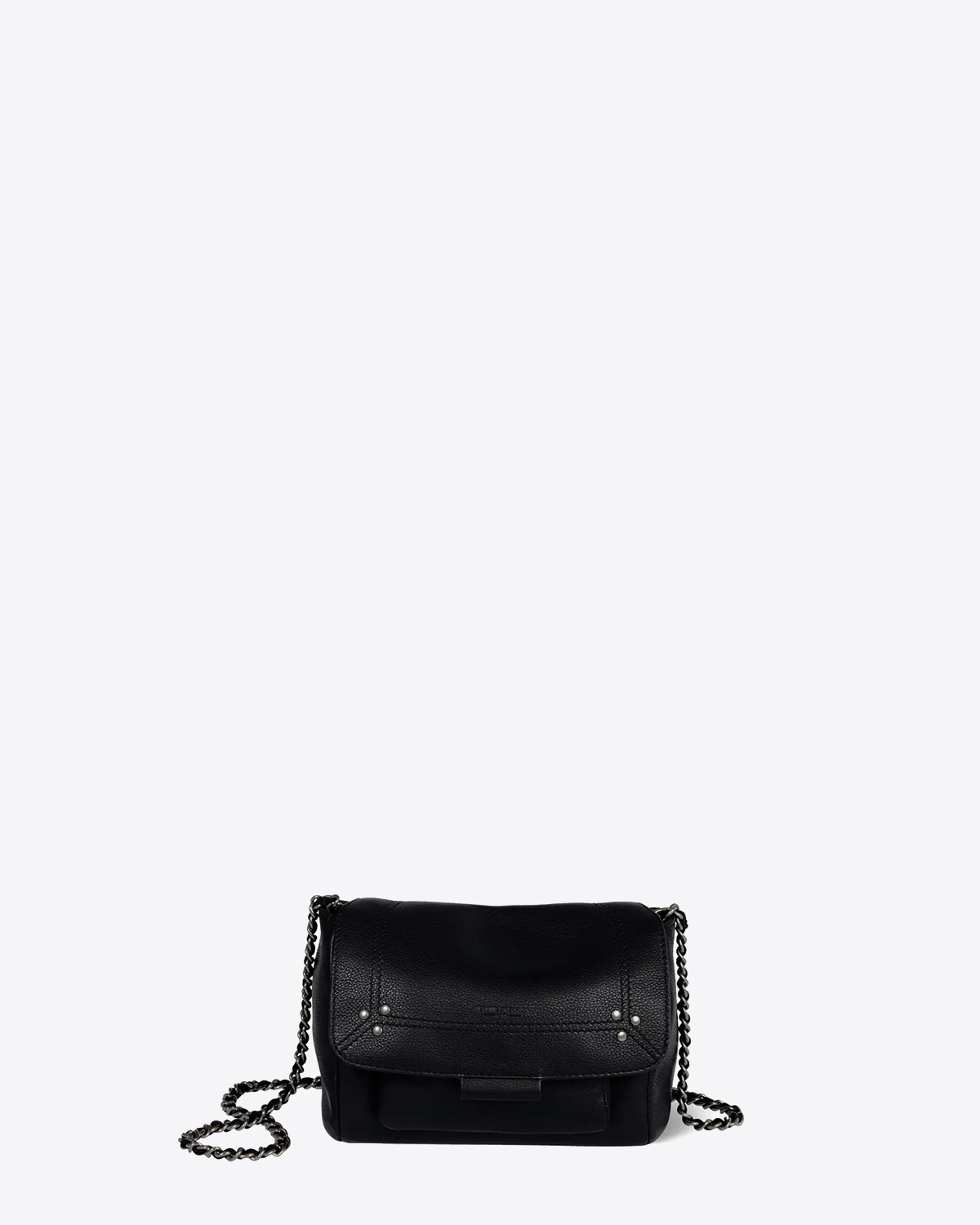 Sac bandoulière chaine cuir de veau noir silver Jérôme Dreyfuss. Vue face.