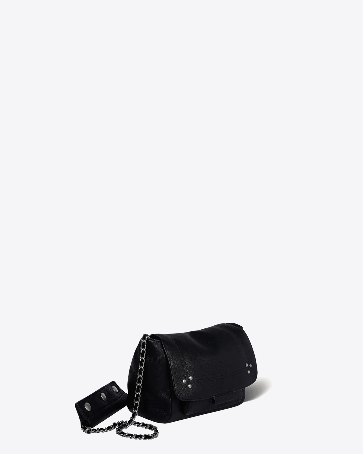 Sac bandoulière chaine cuir de veau noir silver Jérôme Dreyfuss. Vue profil.