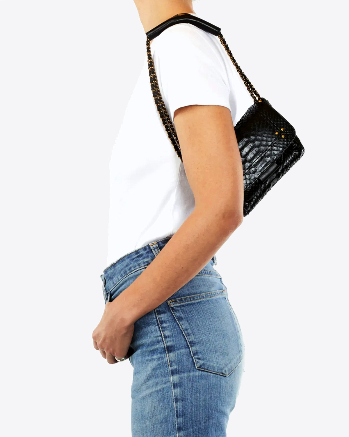 Sac Lulu S python noir Jérôme Dreyfuss. Porté vue profil. 