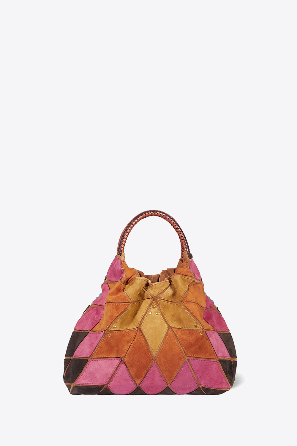 Sac Gordi M Jérôme Dreyfuss en patchwork de cuir suédé orange, jaune et rose "Coucher du soleil". Forme bourse à anses rondes porté main ou en bandoulière. Face.