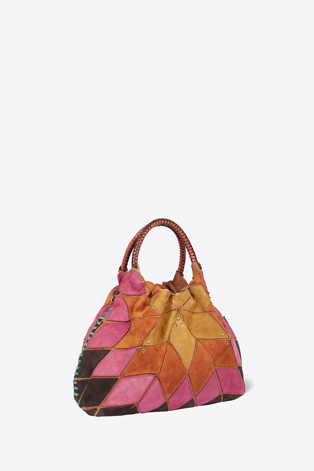 Produit Sac Gordi M Jérôme Dreyfuss en patchwork de cuir suédé orange, jaune et rose "Coucher du soleil". Forme bourse à anses rondes porté main ou en bandoulière. Profil.
